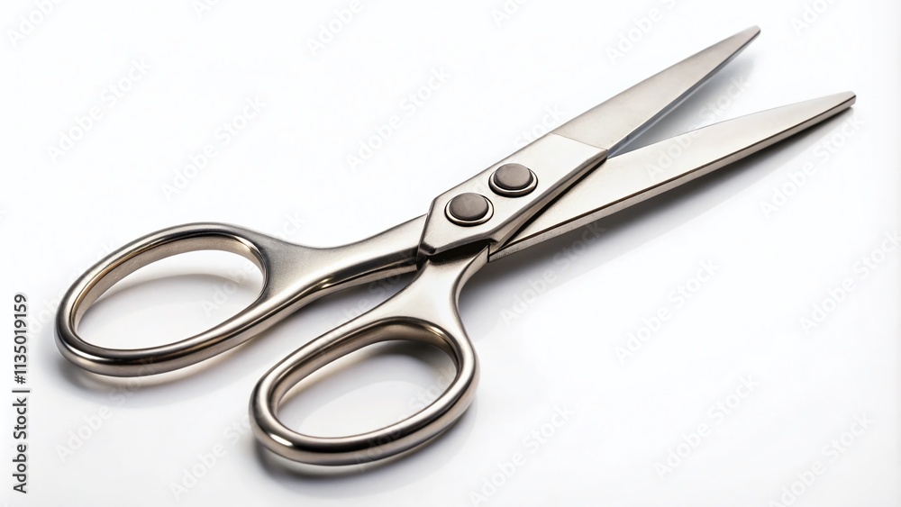 Isolated Scissors on White Background: A Close-Up Documentary Photo Showcasing the Sharp Blades and Ergonomic Handle of Everyday Cutting Tools for Crafting and Household Use