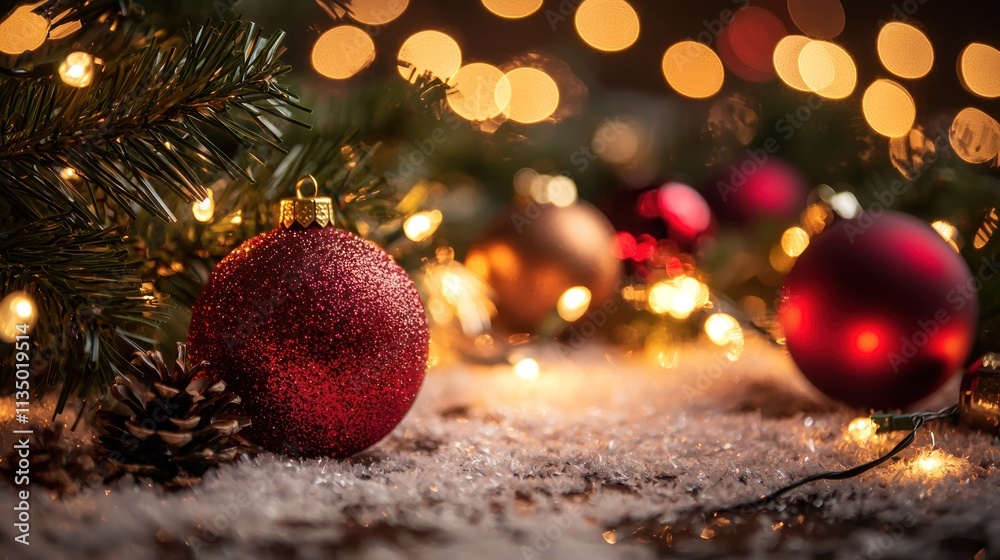 Obraz premium A festive holiday-themed background with twinkling lights, ornaments, and a cheerful atmosphere