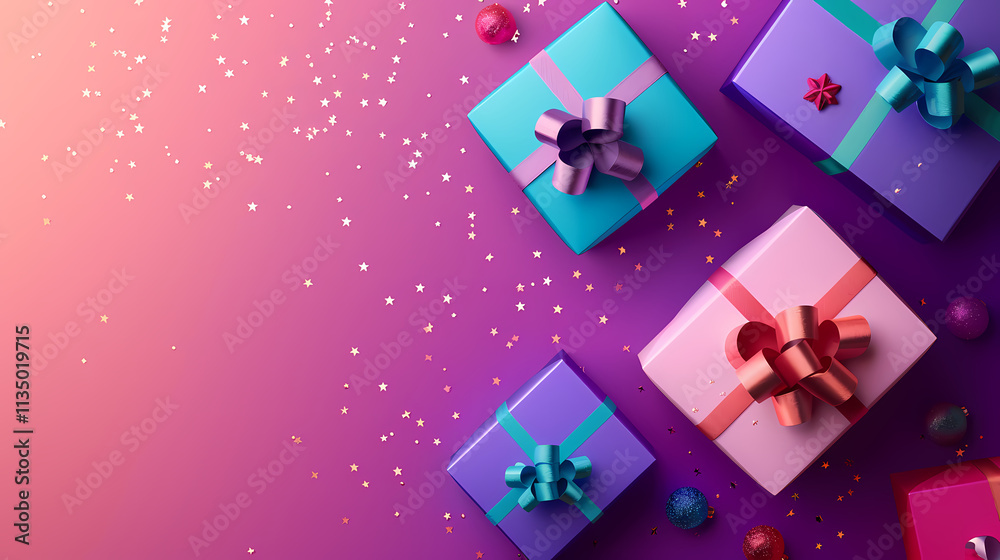 A Symphony of Gifts: A vibrant collection of wrapped presents in assorted colors and adorned with elegant bows, scattered playfully against a gradient purple background sprinkled with confetti. A Symphony of Gifts: A vibrant collection of wrapped presents in assorted colors and adorned with elegant bows, scattered playfully against a gradient purple background sprinkled with confetti.