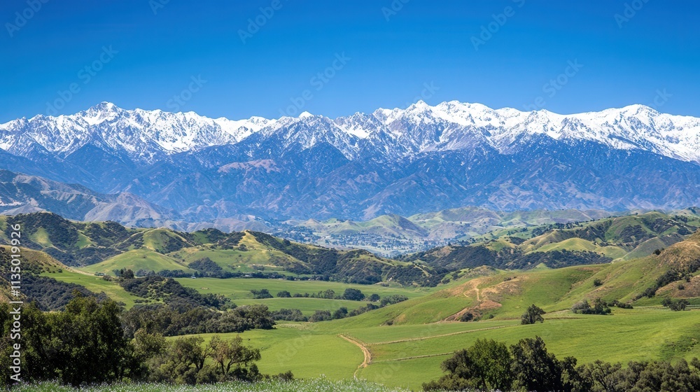 a breathtaking view of snow-capped mountains with rolling green valleys below, under a clear blue sky. a breathtaking view of snow-capped mountains with rolling green valleys below, under a clear blue sky.