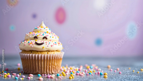 A cute cupcake with a smiley face frosting sits on a table with sprinkles.