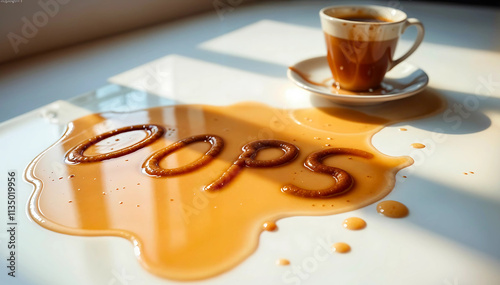 Spilled coffee on a table forms the word 