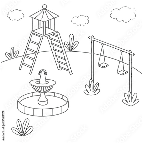 Fun Playground with Slide and  swings Coloring Book Page