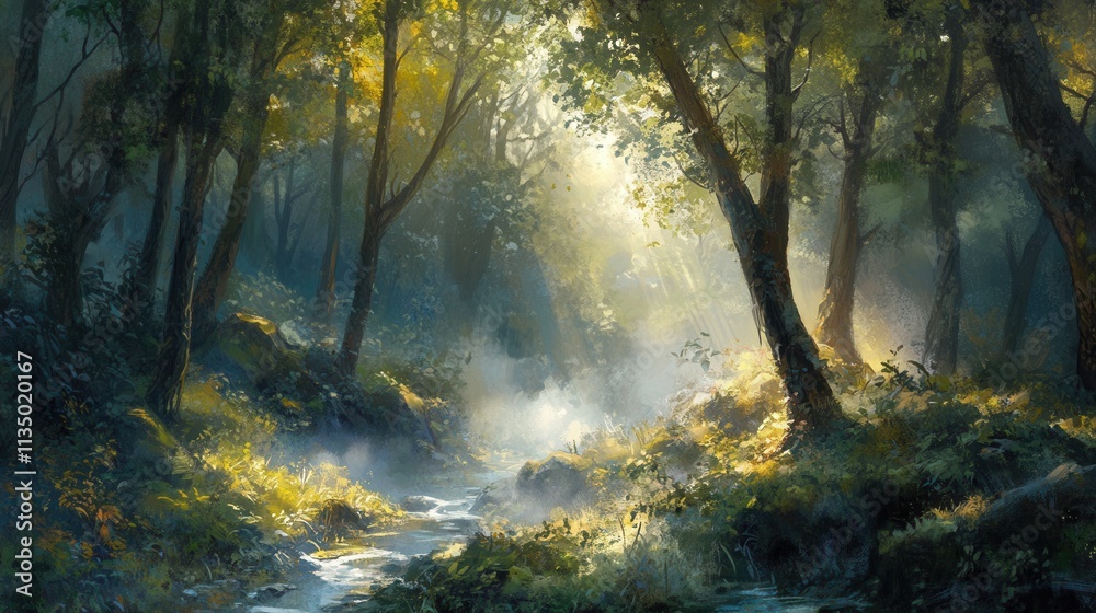 Obraz premium a dense forest covered in morning mist, with sunlight streaming through the trees and a small creek winding through. 
