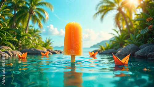 An orange popsicle floats in a pool surrounded by palm trees and paper boats.