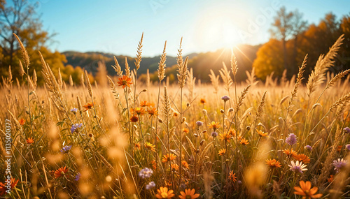 A field of tall grass and wildflowers bathed in warm sunlight.