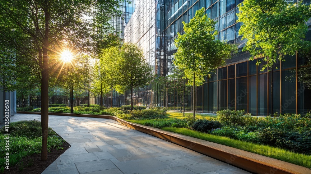 Sunlit Modern Urban Walkway with Greenery Sunlit Modern Urban Walkway with Greenery
