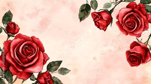Watercolor painting of red roses with leaves on a peach background, creating a romantic frame.