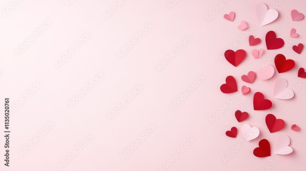 Romantic Valentine's Day Atmosphere with Delicate Red and Pink Paper Hearts on Soft Pink Background Romantic Valentine's Day Atmosphere with Delicate Red and Pink Paper Hearts on Soft Pink Background
