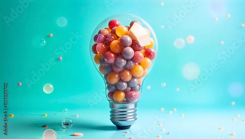 A light bulb filled with colorful candies and a slice of bread on a blue background.