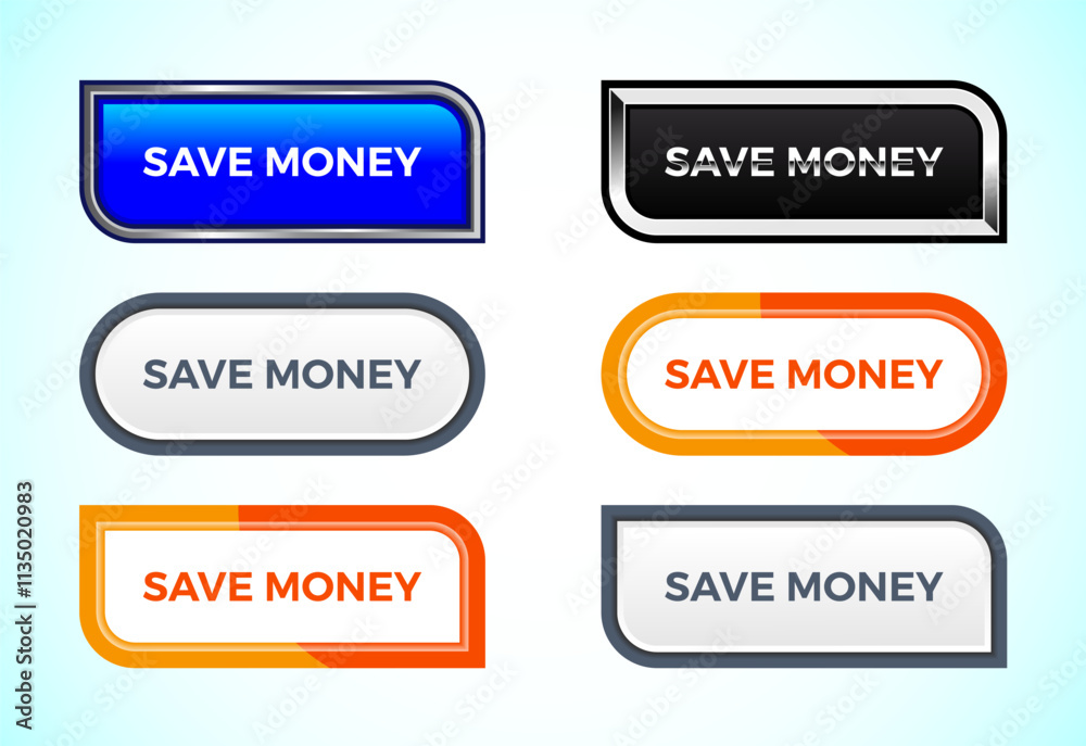 Fototapeta premium Save money button set of different shapes and colors. Suitable for mobile app, and website UI design.