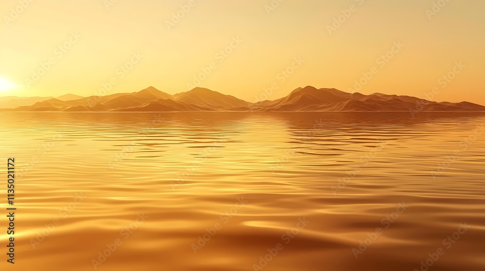A serene golden sunset reflecting off tranquil waters, illuminating gentle waves and distant mountains, creating a peaceful and harmonious natural landscape.