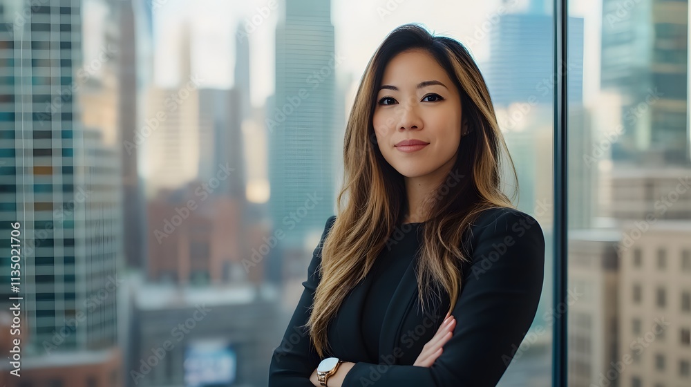 Confident Businesswoman Poses Before City Skyline Confident Businesswoman Poses Before City Skyline
