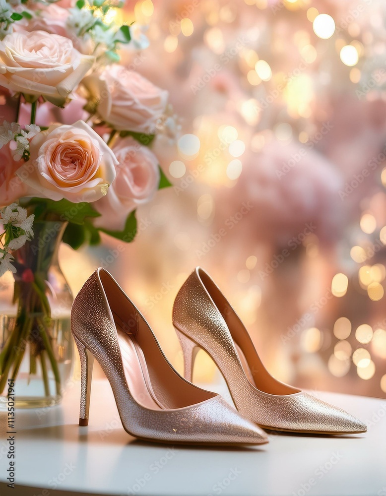 Elegant Pink High Heels vase of flowers with Wedding party Elegant Pink High Heels vase of flowers with Wedding party