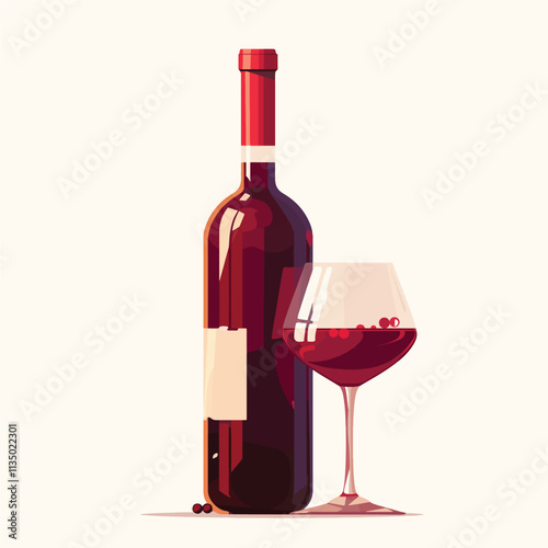 Vector illustration of wine bottle, glass and grapes