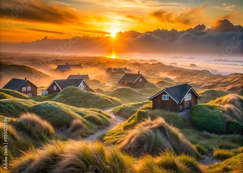 Landscape of Holiday Homes in Hvide Sande Dunes with Stunning Sunrise and Fog, Capturing the Tranquil Beauty of Nature and Coastal Serenity in a Dreamy Atmosphere photo