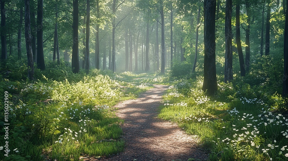 Fototapeta premium The sun is shining through the trees, casting a warm glow on the forest floor