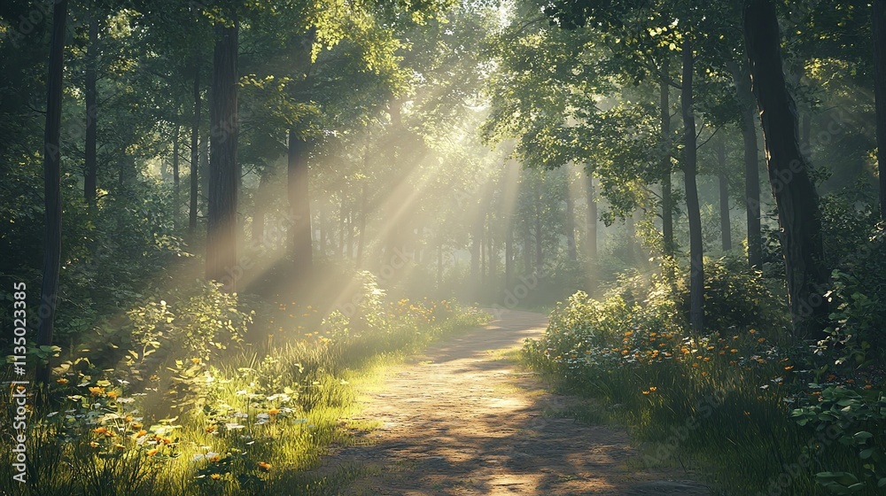 Fototapeta premium The sun is shining through the trees, casting a warm glow on the forest floor