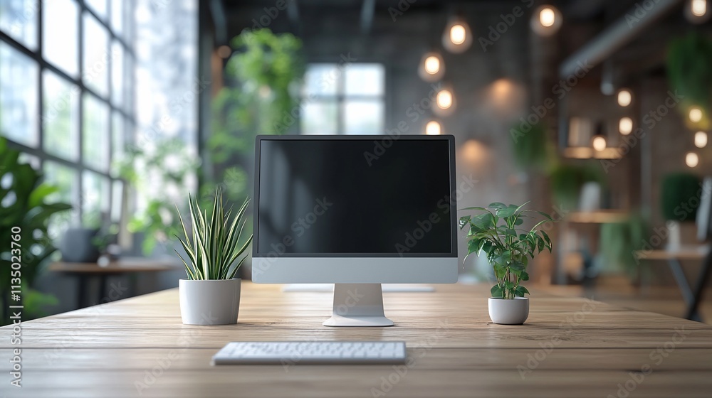 Modern office desktop with computer, keyboard, and plants. Modern office desktop with computer, keyboard, and plants.