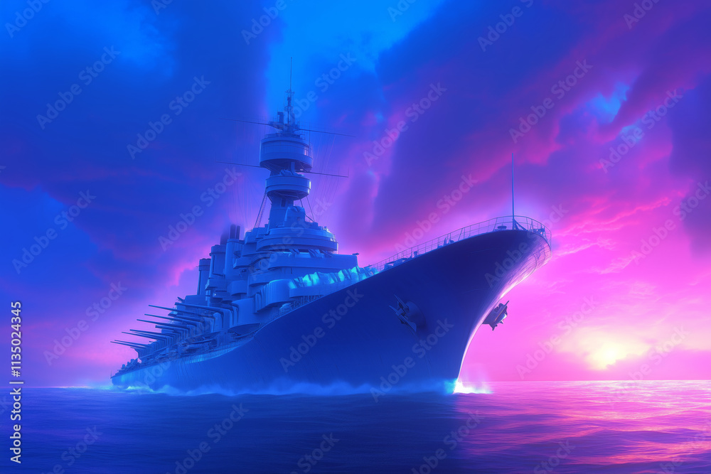 Battleship sailing at sunset with vibrant sky colors Battleship sailing at sunset with vibrant sky colors