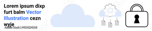 Cloud icon, gear with data files, and padlock symbol representing data protection, cloud storage, and cybersecurity. Ideal for technology, digital security, cloud computing, data management IT