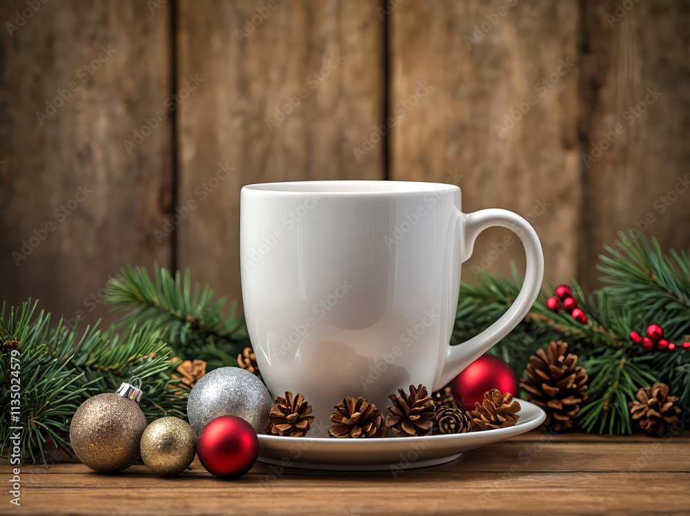 A simple white mug on a saucer surrounded by festive Christmas decorations, including pinecones, ornaments, and evergreen branches.
A simple white mug on a saucer surrounded by festive Christmas decorations, including pinecones, ornaments, and evergreen branches.