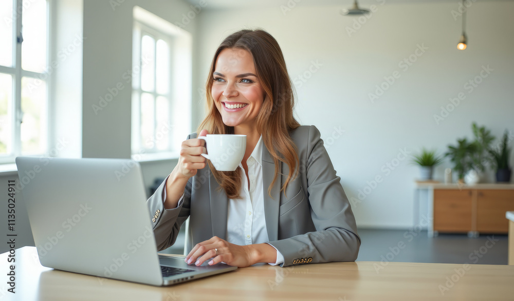 A happy businesswoman is sitting at a table with a laptop drinking coffee in a bright office A happy businesswoman is sitting at a table with a laptop drinking coffee in a bright office