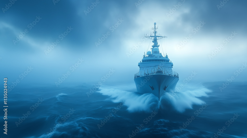Naval vessel navigating through rough seas in stormy weather Naval vessel navigating through rough seas in stormy weather