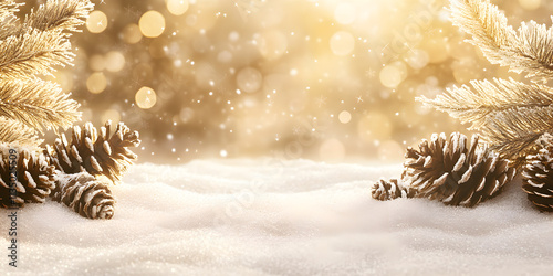 Winter Snow Scene with Pine Branches and Glowing Lights photo