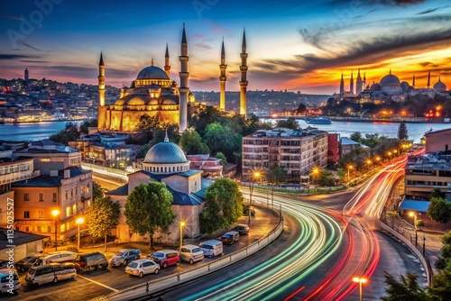 Long Exposure Map of Central Istanbul Highlighting Top Attractions and Landmarks with a Beautiful Night Sky and Light Trails for a Stunning Urban Landscape