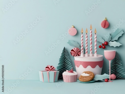 Papercrafted festive table with tiny folded candles and holiday treats, symbolizing New Year cheer, origami Papercut, holiday feast photo