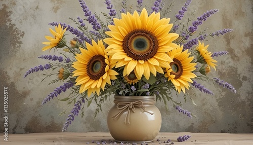 Watercolor illustration of sunflowers and lavender in decorative vase