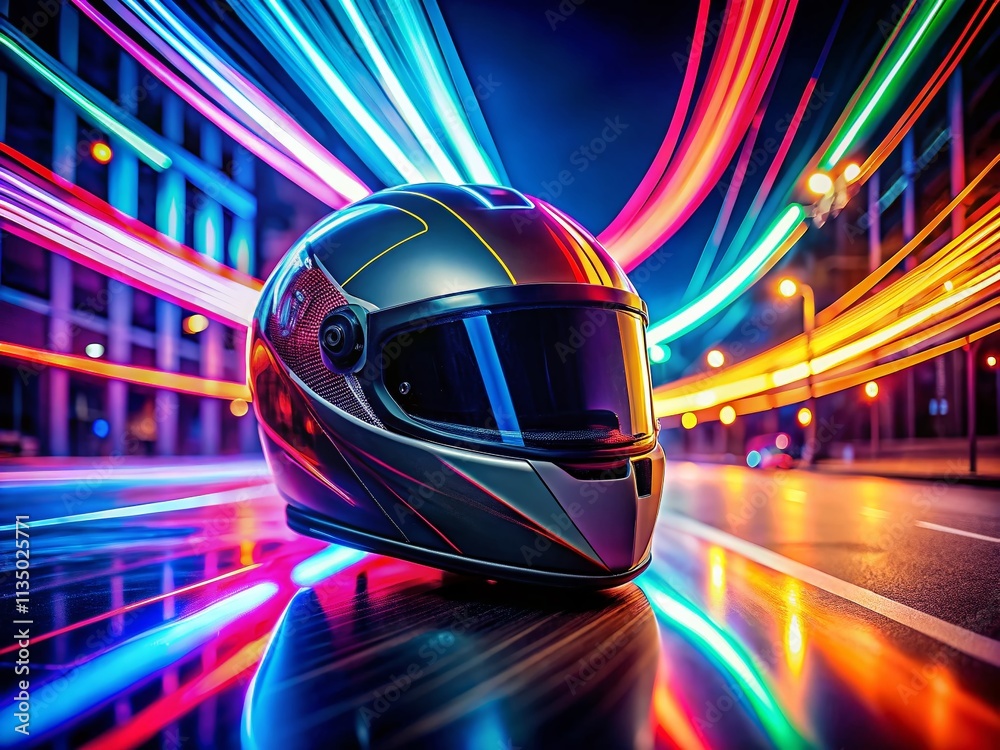 Fototapeta premium Long Exposure of a Black Front Helmet Glowing Under Neon Lights, Capturing Motion and Reflections in a Dark Urban Environment for Dynamic Sports Photography