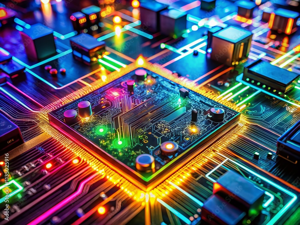 Fototapeta premium Long Exposure of a Circuit Board Illuminated by Colorful LEDs, Showcasing Electronic Components and Connections for High-Tech Applications and Innovations in Electronics