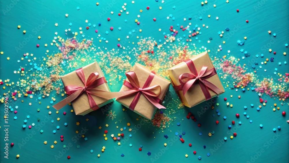 Three Festive Gifts Wrapped in Brown Paper and Tied with Pink Ribbon on a Teal Background Surrounded by Sparkling Confetti Three Festive Gifts Wrapped in Brown Paper and Tied with Pink Ribbon on a Teal Background Surrounded by Sparkling Confetti