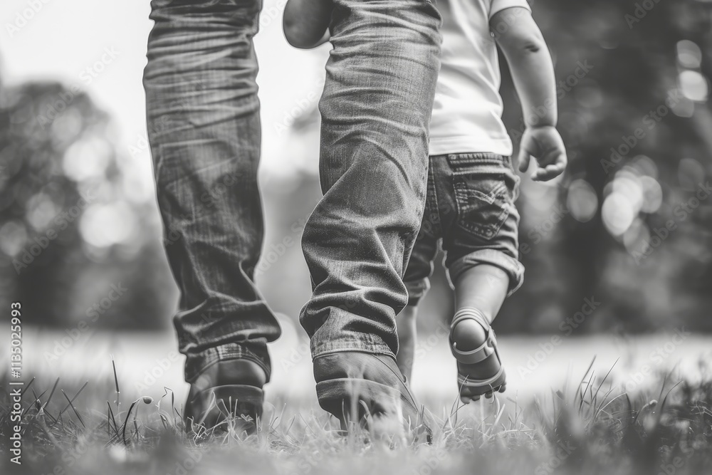 Fototapeta premium A parent walks alongside their small child in a park, as they enjoy a sunny day outdoors, fostering a close and affectionate connection.