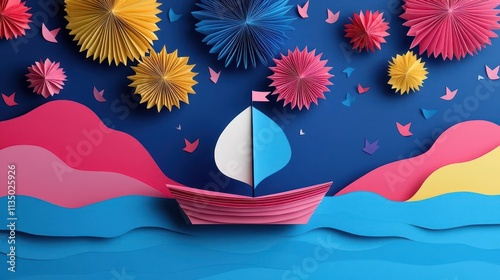 Papercrafted celebration boat floating on a glowing river under a papercut sky of fireworks, origami Papercut, festive voyage photo