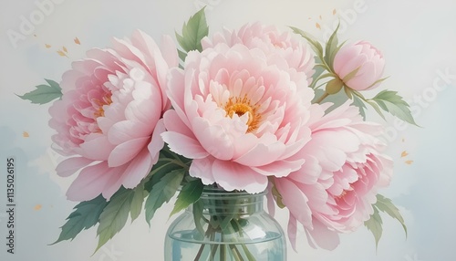Peonies in a glass vase, soft and delicate mood, watercolor style, pastel colors, floral art