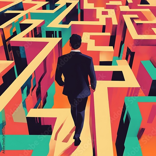 A businessman navigating through a maze, representing the complexities and obstacles of business challenges and the need for strategic thinking and problem-solving.