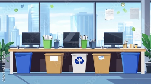 Office waste reduction, corporate workspace with bins for paper, plastic, and general waste, encouraging recycling