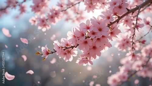 Obraz na płótnie Beautiful cherry blossom branches with falling petals in a dreamy spring setting for nature photography w salonie