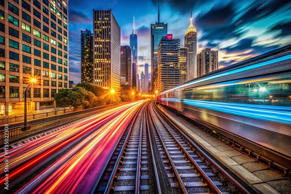 Long Exposure of a Train in Motion, Capturing the Essence of Public Transit and Railway Transportation at Night with Vibrant Lights and Dynamic Trails Long Exposure of a Train in Motion, Capturing the Essence of Public Transit and Railway Transportation at Night with Vibrant Lights and Dynamic Trails