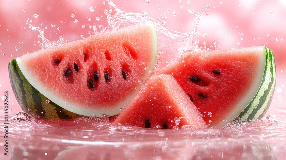 Juicy watermelon pieces create splashes as they drop into refreshing water, captivating the moment Juicy watermelon pieces create splashes as they drop into refreshing water, captivating the moment