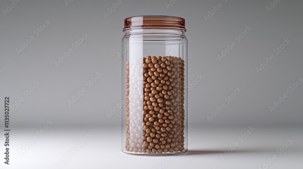 A clear glass jar filled with brown grains sits on a smooth surface, reflecting minimalistic charm A clear glass jar filled with brown grains sits on a smooth surface, reflecting minimalistic charm