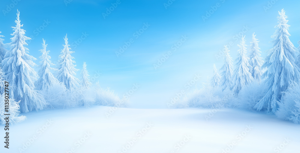 Fototapeta premium Winter landscape featuring snow-covered trees and blue sky