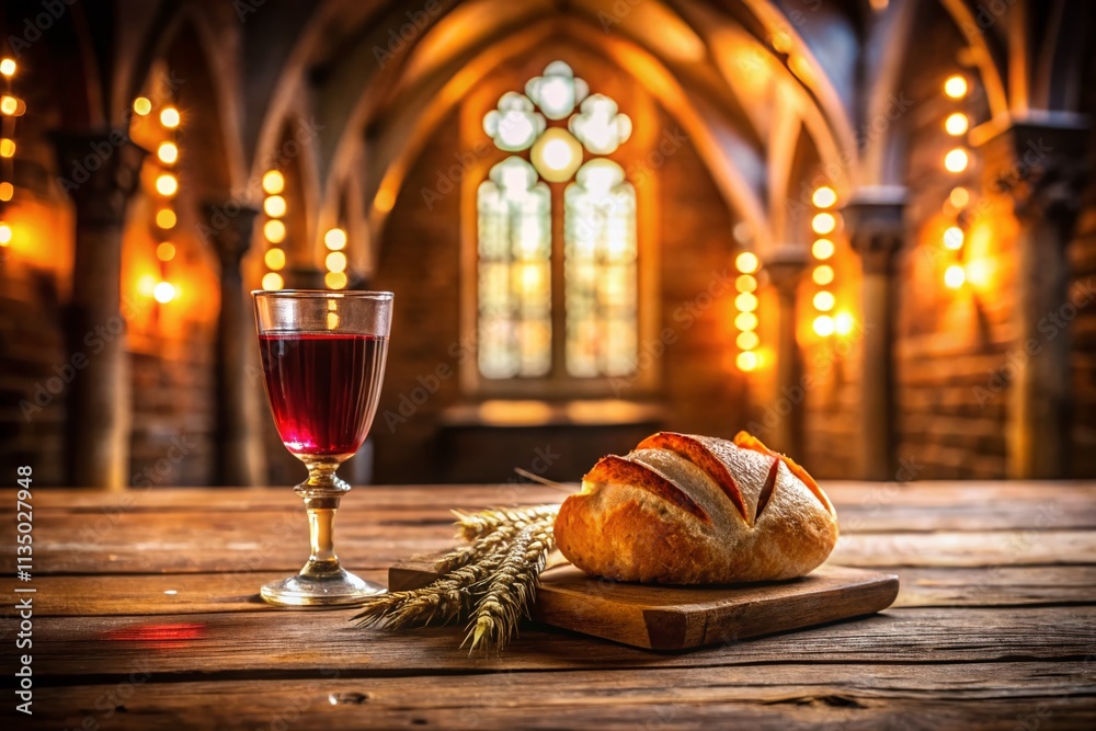 Long Exposure of Holy Communion on Wooden Table in Church with Glass of Red Wine, Bread, and Symbolic Elements for the Feast of Corpus Christi Celebration Long Exposure of Holy Communion on Wooden Table in Church with Glass of Red Wine, Bread, and Symbolic Elements for the Feast of Corpus Christi Celebration