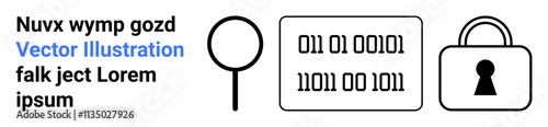 Magnifying glass, binary code, lock portraying data analysis, encryption, security. Ideal for cybersecurity, data protection, encryption, security services software development IT education