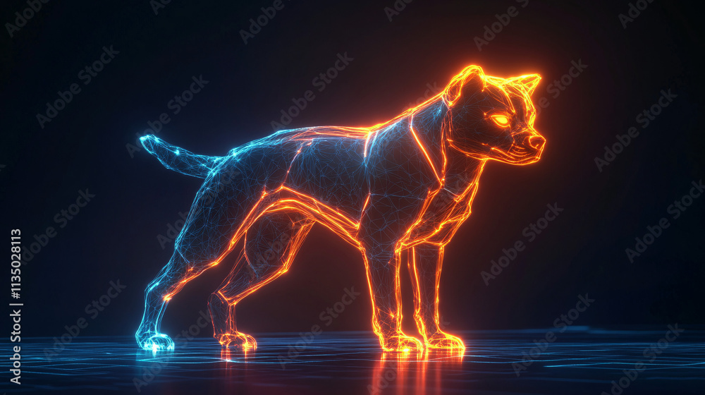 Fototapeta premium A futuristic sports therapy icon linked to a glowing dog, symbolizing online platforms focusing on animal rehabilitation and wellness. 