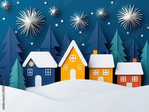 A serene papercut scene of a snowy New Year s village illuminated by fireworks, origami Papercut, winter festivity photo