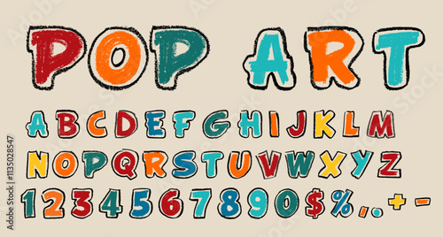 Pop Art Alphabet and Numbers Crayon Chalk Drawing Vector Set
